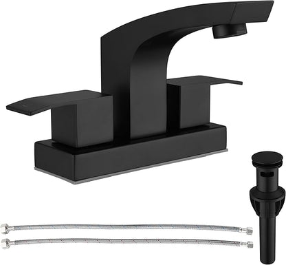 Centerset Bathroom Faucet, Stainless Steel Black Sink Faucet Bathroom with Pop Up Drain and cUPC Supply Hose, 2 Handle 4 inch Center-Set Bathroom Sink Faucet Matte Black 2 Hole