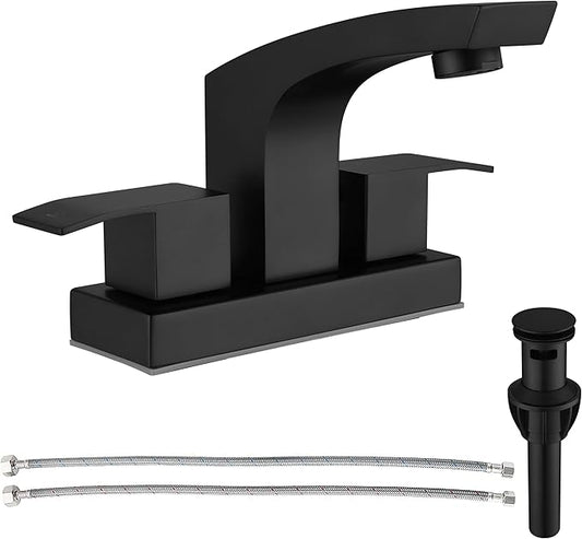 Centerset Bathroom Faucet, Stainless Steel Black Sink Faucet Bathroom with Pop Up Drain and cUPC Supply Hose, 2 Handle 4 inch Center-Set Bathroom Sink Faucet Matte Black 2 Hole