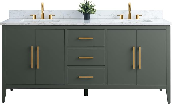 Vanity Art 72 inch Bathroom Vanity with Double Sink & Ceramic Top, Vanity Cabinet with Soft-Closing Doors, Drawers, Solid Wood Frame, Vintage Green, Golden Brushed Handware
