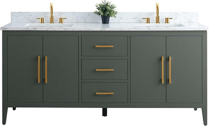 Vanity Art 72 inch Bathroom Vanity with Double Sink & Ceramic Top, Vanity Cabinet with Soft-Closing Doors, Drawers, Solid Wood Frame, Vintage Green, Golden Brushed Handware