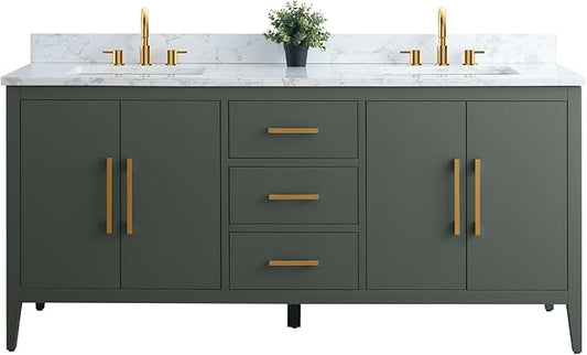 Vanity Art 72 inch Bathroom Vanity with Double Sink & Ceramic Top, Vanity Cabinet with Soft-Closing Doors, Drawers, Solid Wood Frame, Vintage Green, Golden Brushed Handware