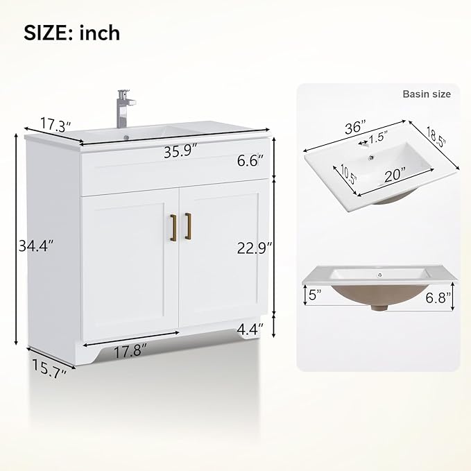 Bathroom Vanity, 36 Inch Bathroom Vanity with Sink, Freestanding Vanity with Sink and 2 Soft Closing Doors, Modern Bathroom Sink Cabinet (Paint, White, 36")