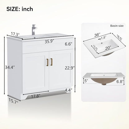Bathroom Vanity, 36 Inch Bathroom Vanity with Sink, Freestanding Vanity with Sink and 2 Soft Closing Doors, Modern Bathroom Sink Cabinet (Paint, White, 36")