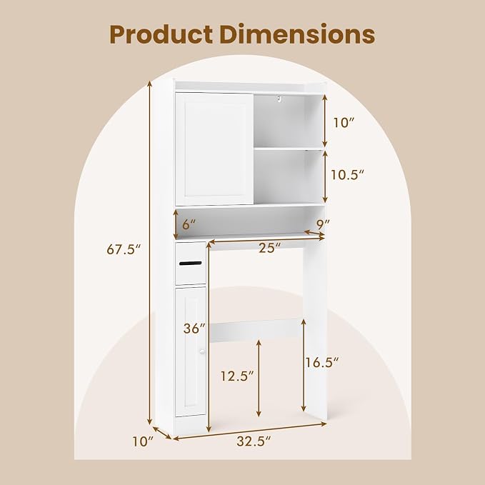 Giantex Over The Toilet Storage Cabinet, 32.5"W Freestanding Space Saver with Sliding Door, Toilet Paper Holder & Adjustable Shelves, Over Toilet Bathroom Organizer for Restroom & Laundry Room, White