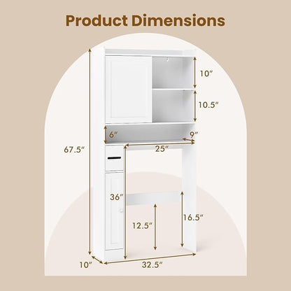 Giantex Over The Toilet Storage Cabinet, 32.5"W Freestanding Space Saver with Sliding Door, Toilet Paper Holder & Adjustable Shelves, Over Toilet Bathroom Organizer for Restroom & Laundry Room, White