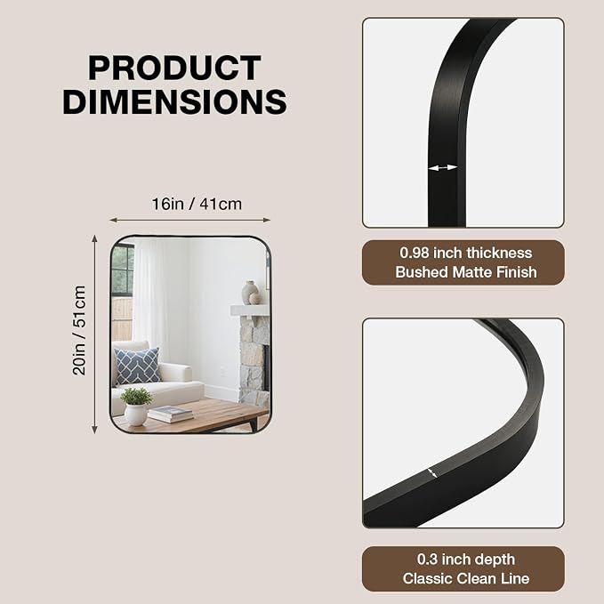 16"x20" Bathroom Mirrors for Over Sink, Matte Black Rectangle Vanity Mirror | Aluminum Alloy Frame, Clear Reflection, Rust-Resistant, Vertical or Horizontal, Wall Mount, Bedroom and Entryway