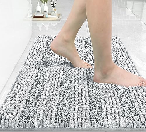 Yimobra Bathroom Rug Mat 32 x 20, Non Slip and Super Absorbent Bath Mat,Machine Washable Quick Dry,Ultra Plush Chenille Shower Rugs for Bathroom Floor Sink Tub and Shower Outside,Silver