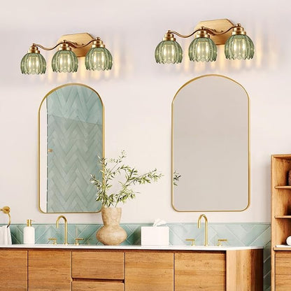Gold Vanity Light, Vintage Tulip Green Glass Shade, Antique Brass Finish | 3 Light Brushed Gold Bathroom Light Fixtures, Crystal Wall Sconce, Mounted Over Mirror for Bedroom Hallway, Easy to Install