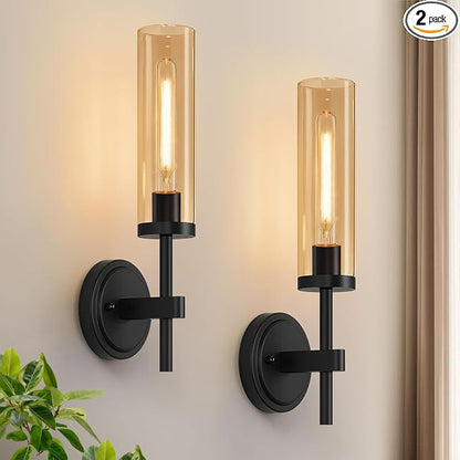 MOKATNG Hardwired Wall Sconces Set of Two, Matte Black Bathroom Sconces with Amber Glass, Modern Wall Light Fixtures for Bathroom Mirror Vanity, Living Room, Hallway, Stairway, Cabinet, Foyer