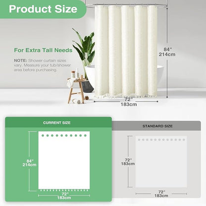 Extra Long Boho Fabric Shower Curtain Tufted Geometric 72x84 Cream | 84 Inch Tall, Elegant Tassel, Lightweight Textured Fabric, Water Repellent, Washable, Hotel Spa, for Bathroom/Dorm 12 Hooks