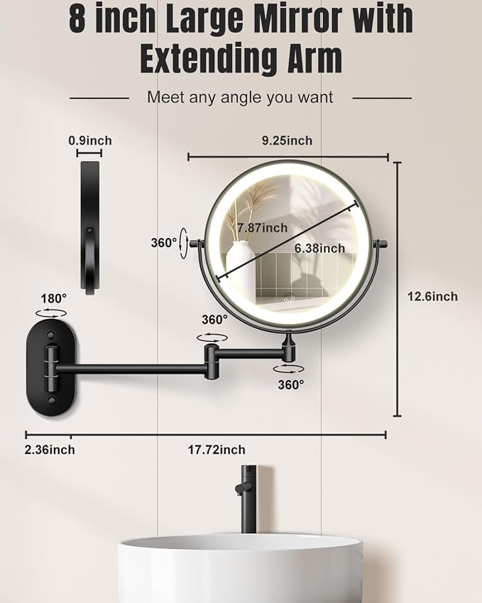 VFD 8'' 30X/1X Wall Mounted Lighted Magnifying Makeup Mirror with Lights | Double Sided Rechargeable Bathroom Mirror, 3 Color Lights Touch Dimmable Extended Arm 360 Rotation Light up Mirrors