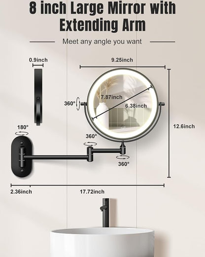 VFD 8'' 30X/1X Wall Mounted Lighted Magnifying Makeup Mirror with Lights | Double Sided Rechargeable Bathroom Mirror, 3 Color Lights Touch Dimmable Extended Arm 360 Rotation Light up Mirrors