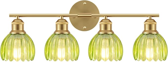 Bathroom Light Fixtures, 4-Light Brushed Gold Vanity Lights for Bathroom with Green Tulip Glass Shade, 26" Vintage Bathroom Vanity Lighting Fixtures Over Mirror for Bedroom Living Room Hallway