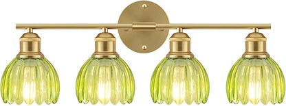 Bathroom Light Fixtures, 4-Light Brushed Gold Vanity Lights for Bathroom with Green Tulip Glass Shade, 26" Vintage Bathroom Vanity Lighting Fixtures Over Mirror for Bedroom Living Room Hallway