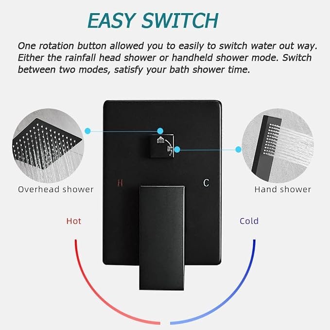 Matte Black Shower System 10 Inches Bathroom Luxury Rain Shower Head with Handheld Combo Set Wall Mounted High Pressure Rainfall Shower Head System Shower Faucet with Valve and Trim Kit