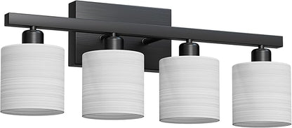 PARTPHONER Bathroom Light Fixtures, Bathroom Lighting Fixtures Over Mirror, Interior Classic Vanity Lights, Modern Vanity Light with Textured White Glass Shade, Matte Black, 4-Light