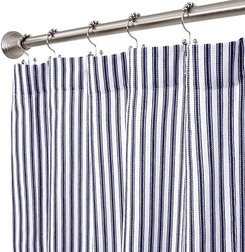 Navy Blue and White Ticking Stripe Woven Cotton Shower Curtain Extra Long 72 Inches W x 84 Inches L