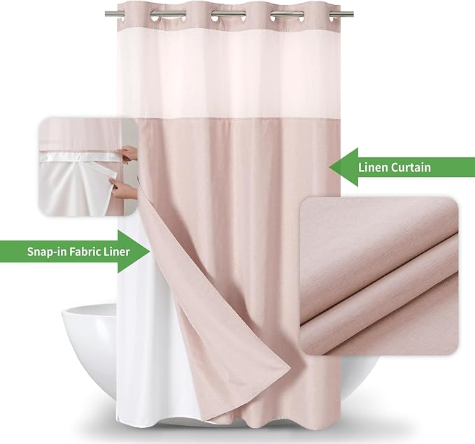 eachope No Hook Linen Texture Shower Curtain with Snap-in Liner,54x74 Blush | 230GSM Thick Fabric,Hotel Luxury Decor,Mesh Top Window,Waterproof & Machine Washable,for Shower Stall or Bathroom