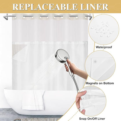 Yinhua No Hook Shower Curtain with Snap in Liner Set, 71" W×74" L, Beige | Hotel Style Curtains with See Through Top Window, Washable Waterproof, Tufted, Hookless Curtain for Bathroom Bathtub