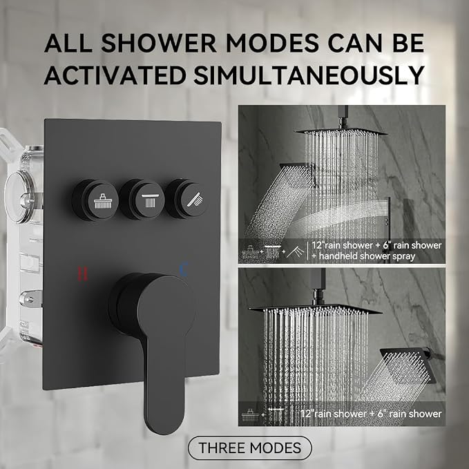 Shower Faucet Set, Wall Mount 12" Rain Shower System with Handheld and 6" Rainfall Shower Head, Can Use 2 Modes Together for Two People, 3 Way Shower Valve with 5 Diverter Complete, Matte Black