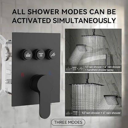 Shower Faucet Set, Wall Mount 12" Rain Shower System with Handheld and 6" Rainfall Shower Head, Can Use 2 Modes Together for Two People, 3 Way Shower Valve with 5 Diverter Complete, Matte Black