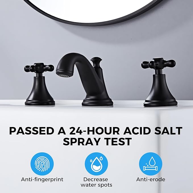 Vintage Widespread Bathroom Faucet - 2 Handle 3-Hole Sink Faucet Set in Solid Brass, Drip-Free Ceramic Disc Cartridge, Adjustable 8 to 16 Inch Installation, Matt Black