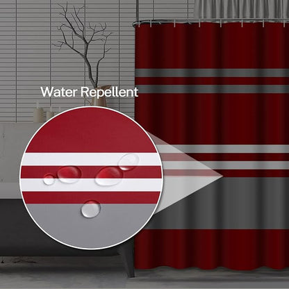 Shower Curtain, for Bathroom Decor 72 x 72 Inch, Striped Brick Red | Grey Crimson Waterproof Polyester Fabric Shower Curtains Set with Hooks