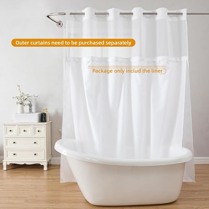 eachope 2 Pack Fabric Snap-in Shower Curtain Liner Replacement,Compatible with No Hook Shower Curtain with Snap in Liner, Removable & Water-Repellent,Machine Washable,70x57,White