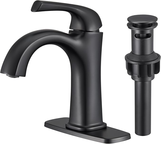Bathroom Faucet 1 Hole, Faucet for Bathroom Sink, Matte Black Faucets for Vanity One Hole Bathroom Faucet, with Pop Up Drain&Deckplate Farmhouse