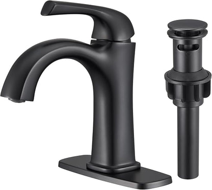 Bathroom Faucet 1 Hole, Faucet for Bathroom Sink, Matte Black Faucets for Vanity One Hole Bathroom Faucet, with Pop Up Drain&Deckplate Farmhouse