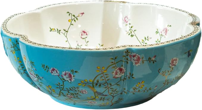 Ceramic Bathroom Vessel Sinks American Style Blue White Countertop Sink Bowl with Flower Bird Pattern without Faucet,Dia.16.4x"H5.9" Size