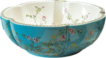 Ceramic Bathroom Vessel Sinks American Style Blue White Countertop Sink Bowl with Flower Bird Pattern without Faucet,Dia.16.4x"H5.9" Size