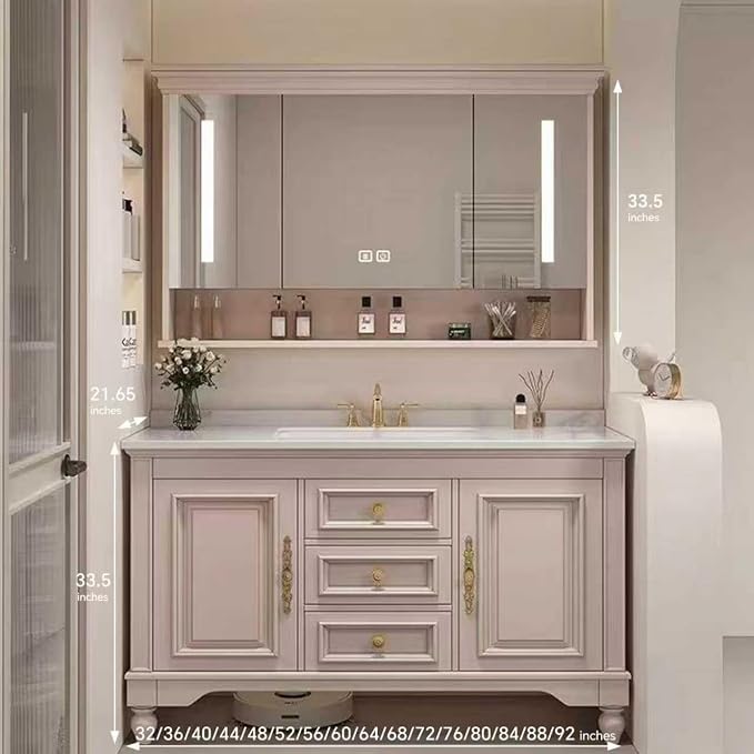 American Minimalist Bathroom Vanity with Sink Mirror 36-92IN, Premium Solid Wood Vanity with LED Lighting& Defogging