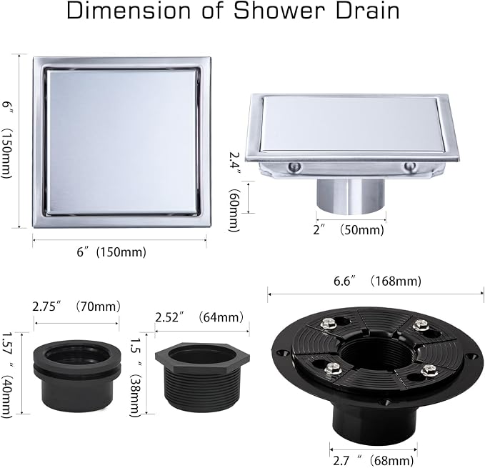 Square Shower Drain Silver 6 inch with 2 in 1 Tile-Insert Cover | AISI 304 Stainless Steel Brushed Shower Floor Drain with Removable Hair Catcher and Flange Fits Bathroom Balcony Kitchen