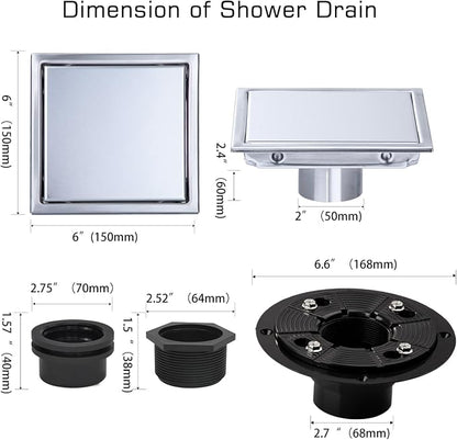 Square Shower Drain Silver 6 inch with 2 in 1 Tile-Insert Cover | AISI 304 Stainless Steel Brushed Shower Floor Drain with Removable Hair Catcher and Flange Fits Bathroom Balcony Kitchen