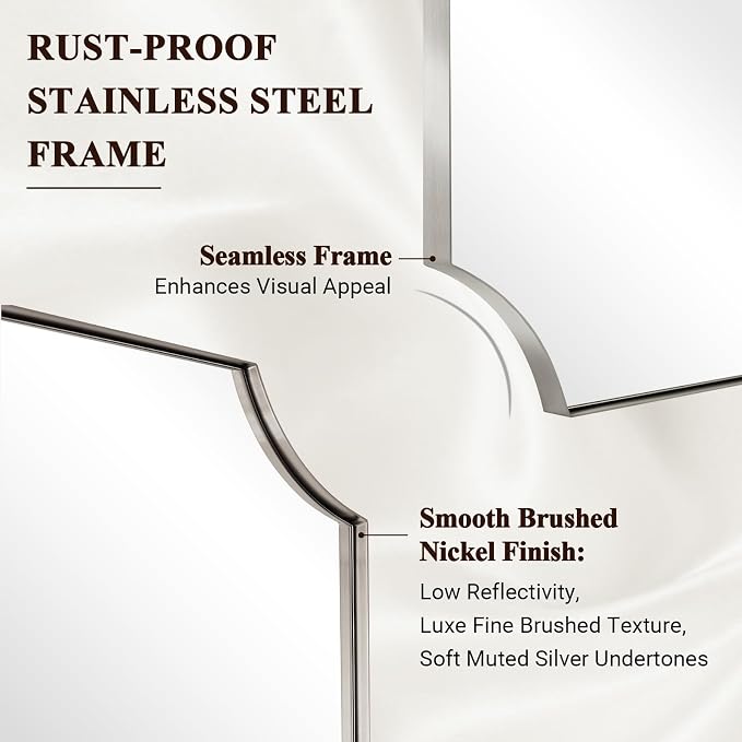 24"x30" Brushed Nickel Vanity Mirror, Scalloped Rectangle Mirror, Silver Wall Mirror in Rustproof Stainless Steel Thin Frame, Aesthetic Scalloped Corners, Designed for Bathroom Remodel