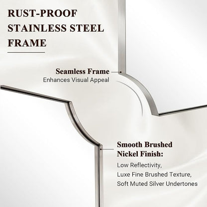 Brushed Nickel Mirror 30x48 Inch, Large Scalloped Bathroom Mirror, Anti-Rust Stainless Steel Metal Thin Frame Deep 1’’, Unique Rectangle Mirror Hangs Vertically or Horizontally