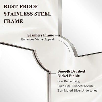 36"x40" Brushed Nickel Scalloped Bathroom Mirror | Anti-Rust Stainless Steel Frame 1" Deep, Unique Scalloped Edge Design, Ultra-HD Clarity, Hangs Vertically & Horizontally