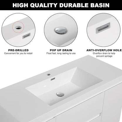 60'' Floating Bathroom Vanity, Pre-Assembled, Glossy White | 2 Soft-Close Drawers & Doors, Wall Mounted Bathroom Vanity with Single Sink, Resin Integrated Sink, Easy to Install & Clean