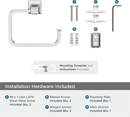 Amerock BH3602226 | Chrome Towel Ring | 5-3/4 in (146 mm) Length Towel Holder | Mulholland | Hand Towel Holder for Bathroom Wall | Small Kitchen | Bath Accessories