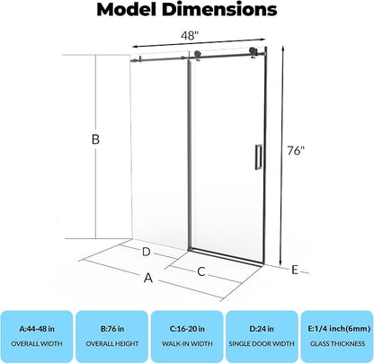 Frameless Sliding Shower Door, 44" to 48" Adjustable Width x 76" Height, 1/4" (6mm) SGCC Tempered Clear Glass with Easy-to-Clean Coating, Matte Black Round Rail