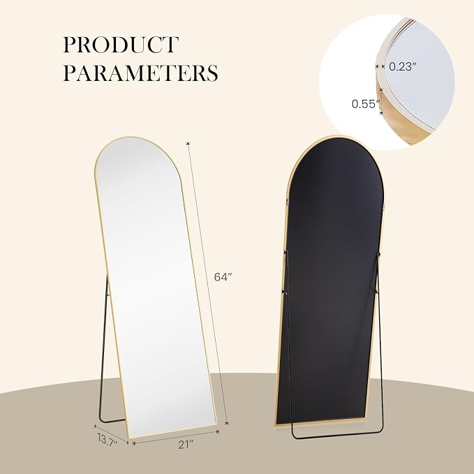 NEWBULIG Arched Full Length Floor Mirror 64"x21", Body Standing Mirror | Wall Hanging or Leaning, Shatter-Proof Glass, Aluminum Alloy Frame with Stand, Home Decor Bedroom, Gold