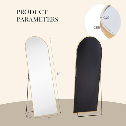 NEWBULIG Arched Full Length Floor Mirror 64"x21", Body Standing Mirror | Wall Hanging or Leaning, Shatter-Proof Glass, Aluminum Alloy Frame with Stand, Home Decor Bedroom, Gold
