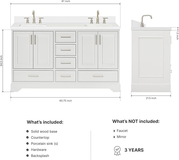 ARIEL Stafford 60-inch Bathroom Vanity with Sink,Solid Wood, 1.5-inch Pure White Quartz Countertop & Backsplash, Double Rectangular Porcelain Sink, 4 Soft Closing Doors, 6 Dovetail Drawers, White