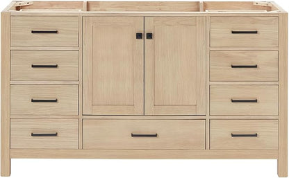 ARIEL Cambridge 60-inch Bathroom Vanity Base Cabinet,Solid Wood, 2 Soft Closing Doors, 9 Dovetail Drawers, White Oak