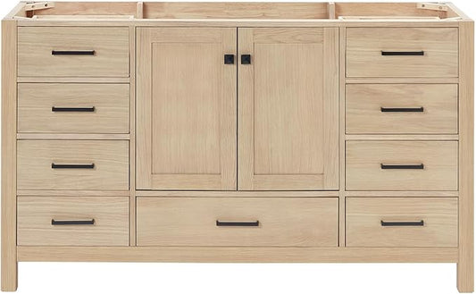 ARIEL Cambridge 60-inch Bathroom Vanity Base Cabinet,Solid Wood, 2 Soft Closing Doors, 9 Dovetail Drawers, White Oak