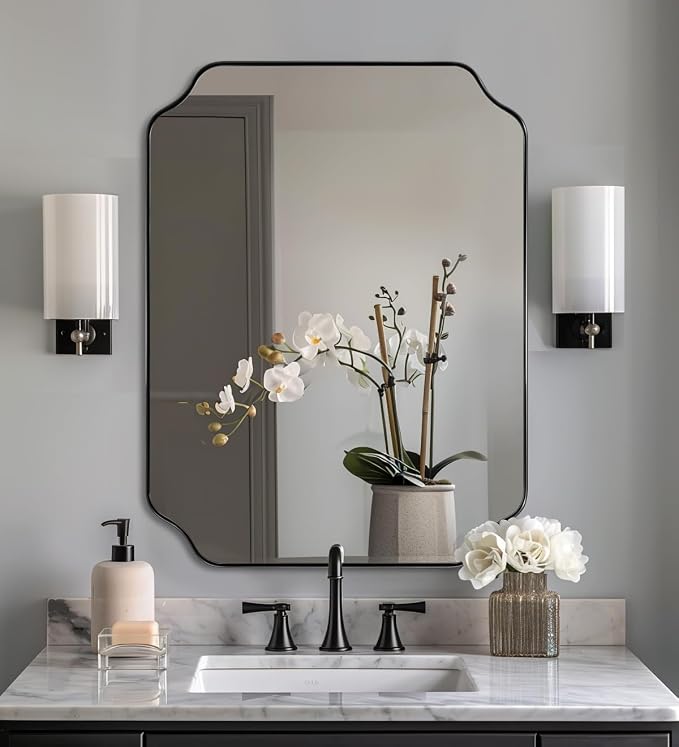 Unique Rectangle Wall Mirror, 24"x32" Black Mirror, Modern Mirror with Aesthetic Scalloped Edge Design Ideal for Bathroom, Bedroom or Entryway, Thin Frame Deep 1’’