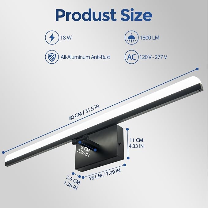 31.5 Inch LED Bathroom Vanity Light, 18W Dimmable 5CCT Black Wall Light Fixture Over Mirror, 220° Rotatable Modern Lighting for Mirror Cabinet and Bedroom, ETL Listed