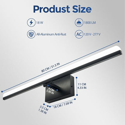 31.5 Inch LED Bathroom Vanity Light, 18W Dimmable 5CCT Black Wall Light Fixture Over Mirror, 220° Rotatable Modern Lighting for Mirror Cabinet and Bedroom, ETL Listed