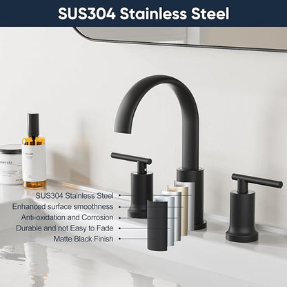 Matte Black Waterfall Bathroom Faucet 3 Hole, Widespread Two Handle Bathroom Sink Faucet Vanity Faucet, 8 Inch Bathroom Faucets for Sink with cUPC Supply Lines and Pop-Up Drain